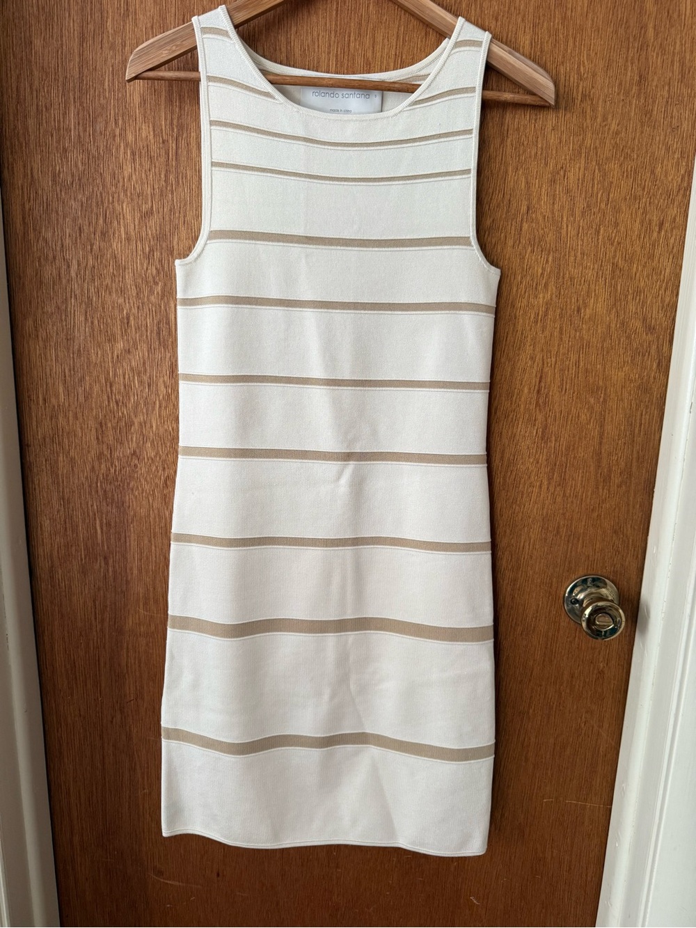 Rolando Santana Cream Stripe Sleeveless Shift Dress